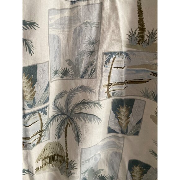 VTG Banana Cabana Shirt SS Hawaiian Palm Tree Cream Blue Button Front Chest L - Picture 2 of 8